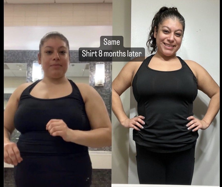 C., a Seuticals client, in the same black vest eight months apart